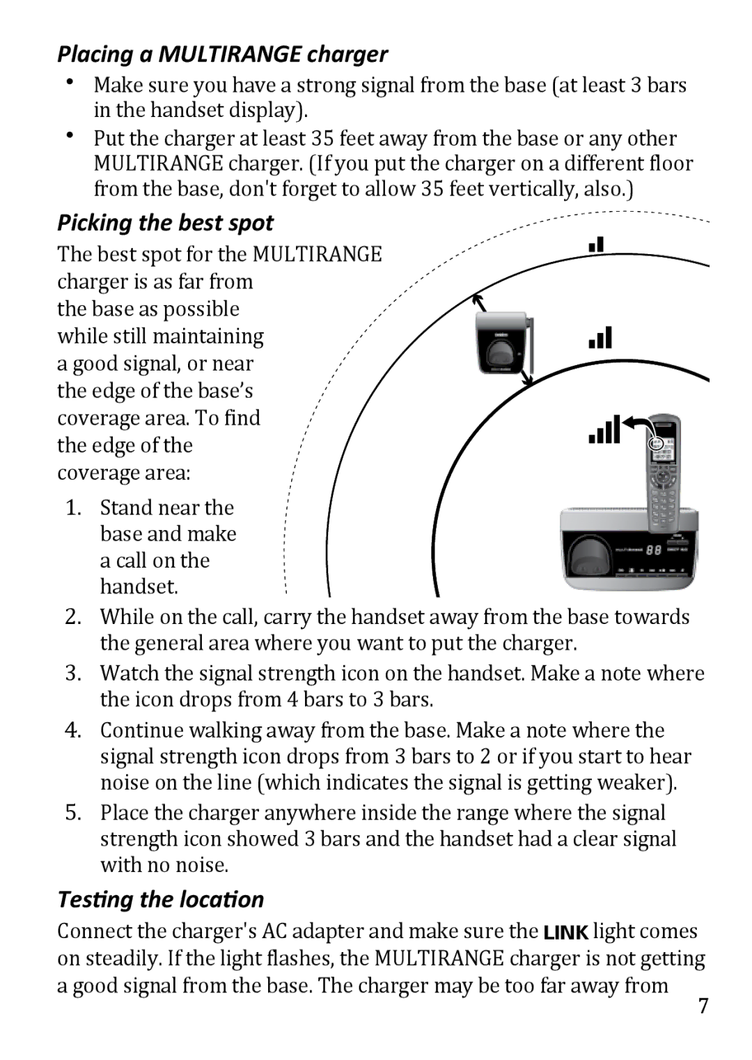 Uniden DECT3380 manual Placing a Multirange charger, Picking the best spot, Testing the location 