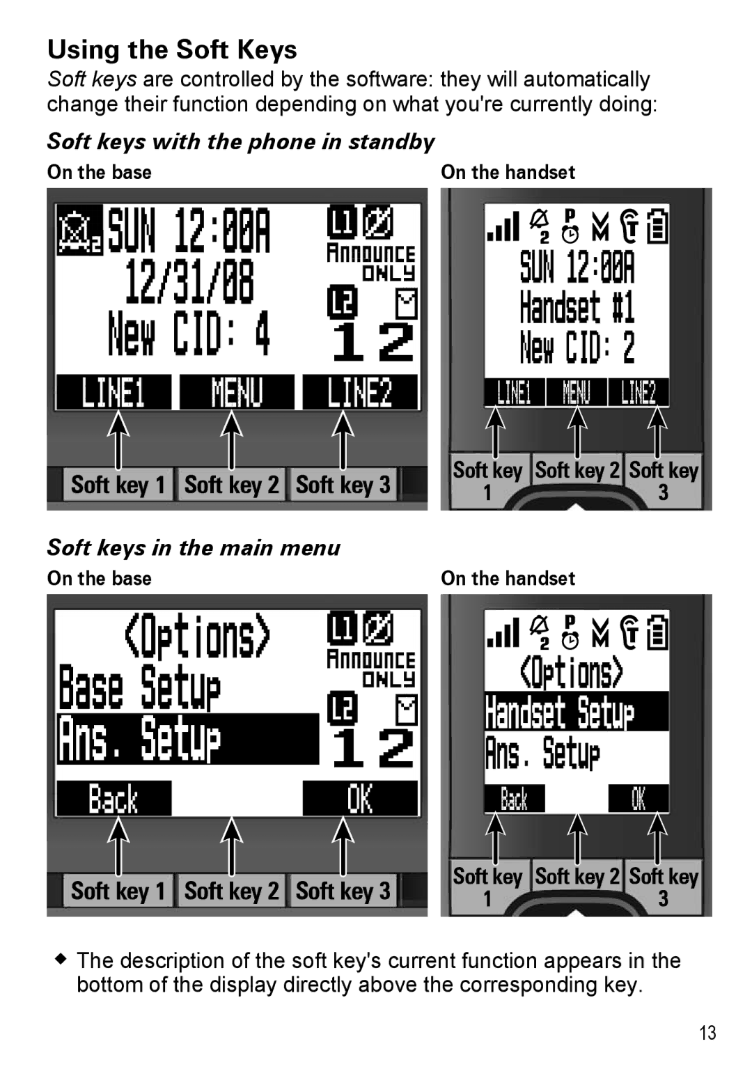 Uniden DECT4086 manual Using the Soft Keys, Soft keys with the phone in standby, Soft keys in the main menu, On the base 