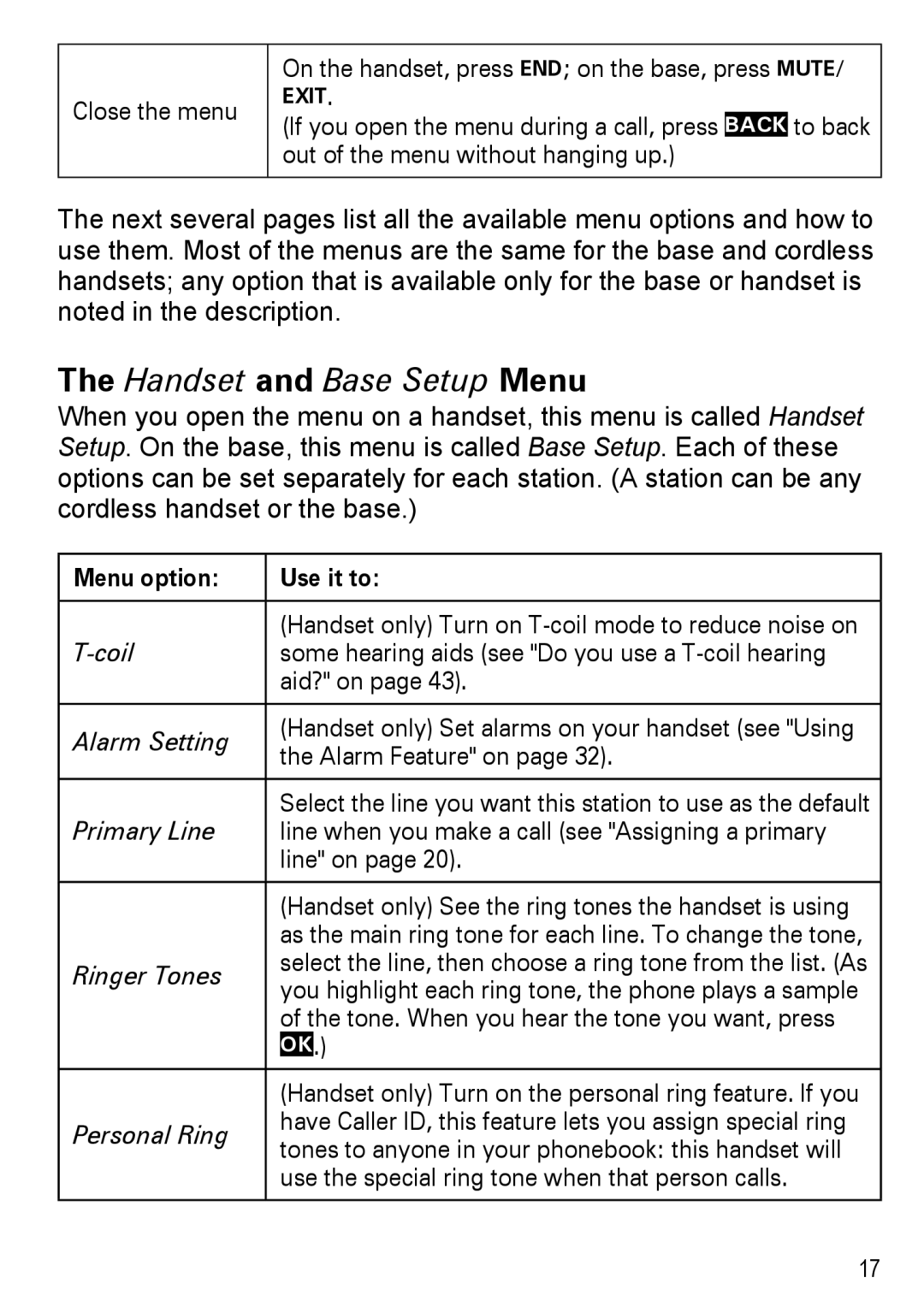 Uniden DECT4086-4, DECT4086-2, DECT4086-3, DECT4086-5, DECT4086-6 manual Menu option Use it to 