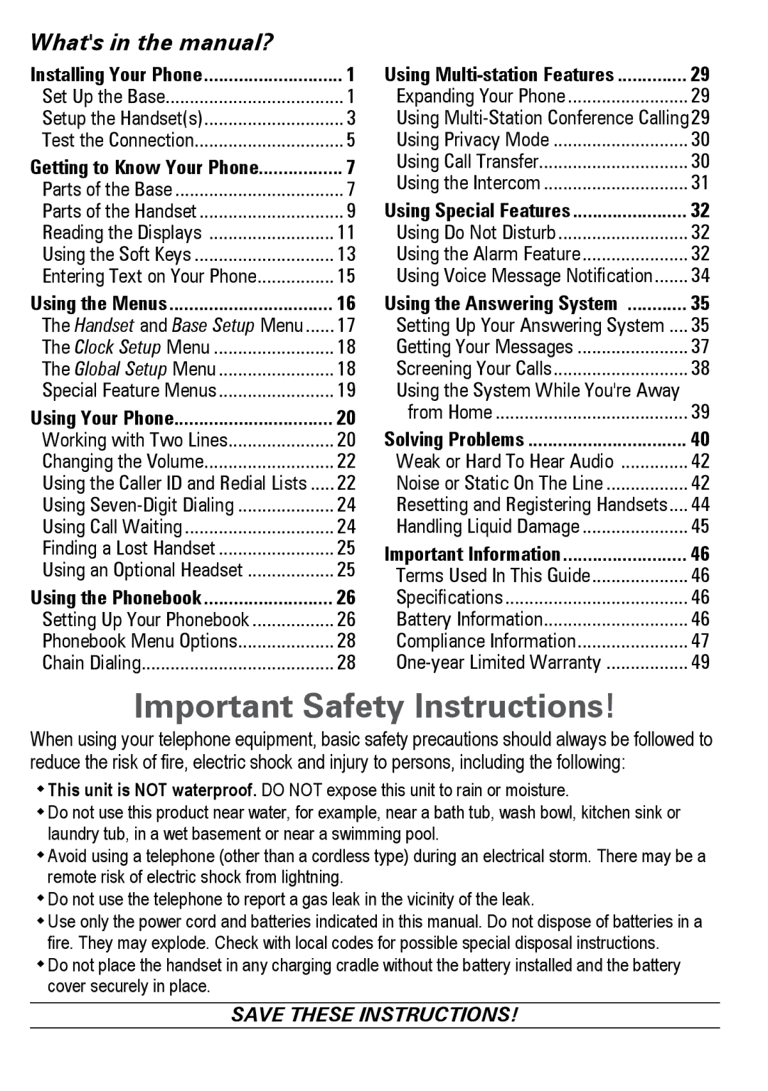 Uniden DECT4086-3, DECT4086-2, DECT4086-4, DECT4086-5, DECT4086-6 Important Safety Instructions, Whats in the manual? 