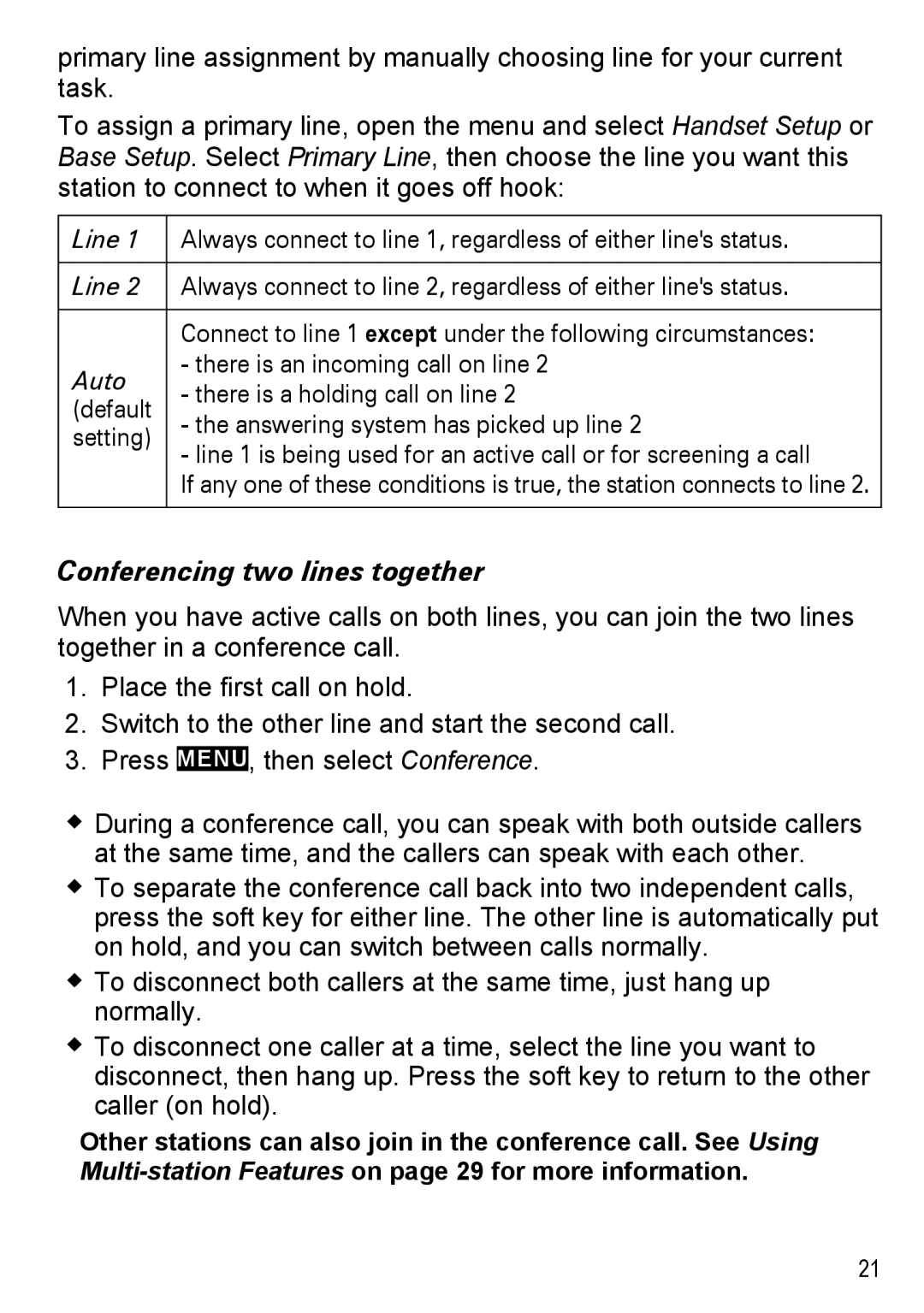 Uniden DECT4086-6, DECT4086-2, DECT4086-4, DECT4086-3, DECT4086-5 manual Conferencing two lines together 