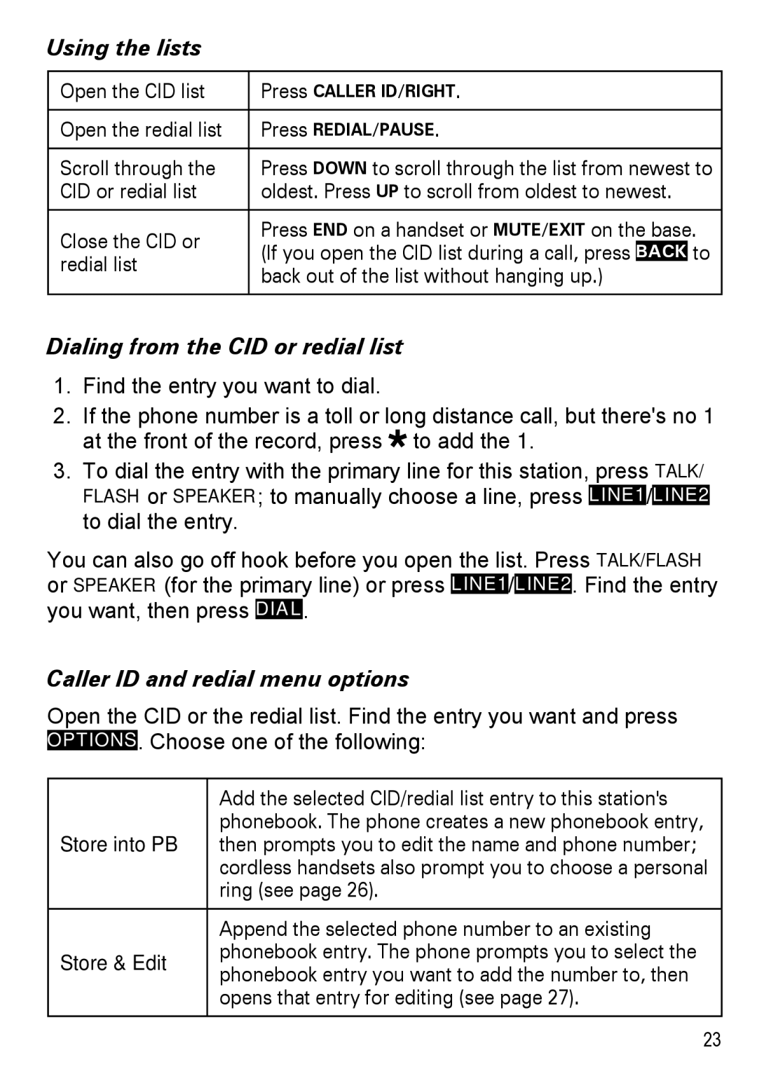 Uniden DECT4086-4 Using the lists, Dialing from the CID or redial list, Caller ID and redial menu options, Store into PB 