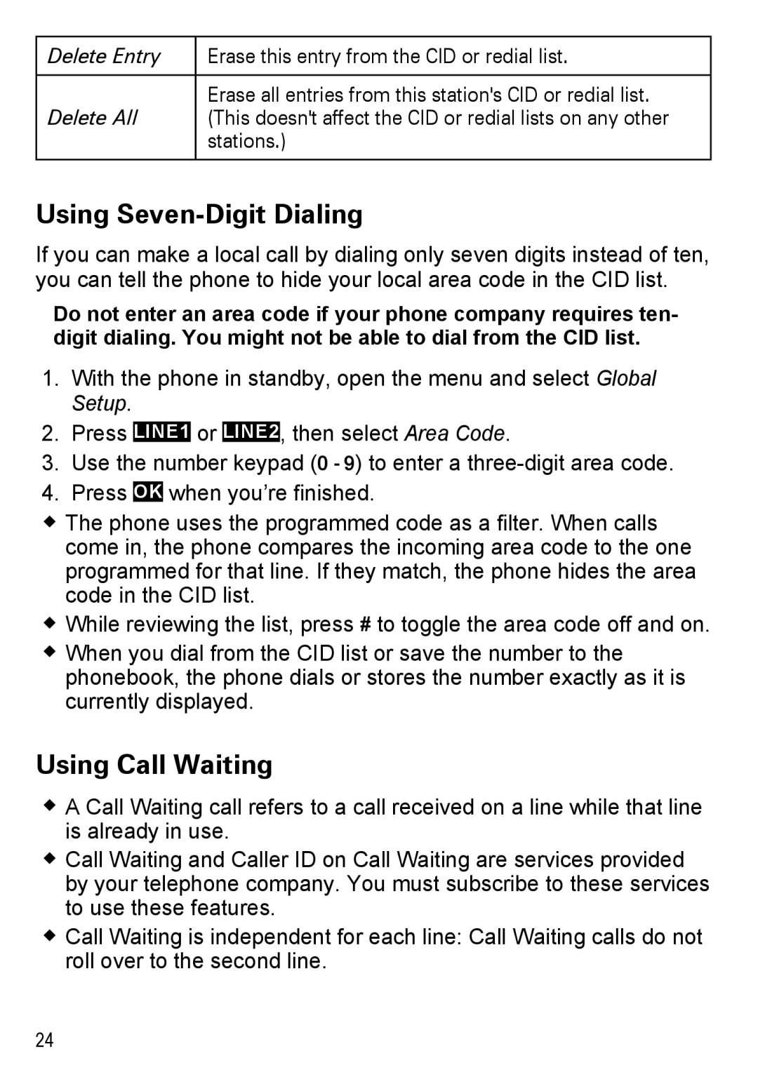 Uniden DECT4086-3, DECT4086-2, DECT4086-4, DECT4086-5, DECT4086-6 manual Using Seven-Digit Dialing, Using Call Waiting 