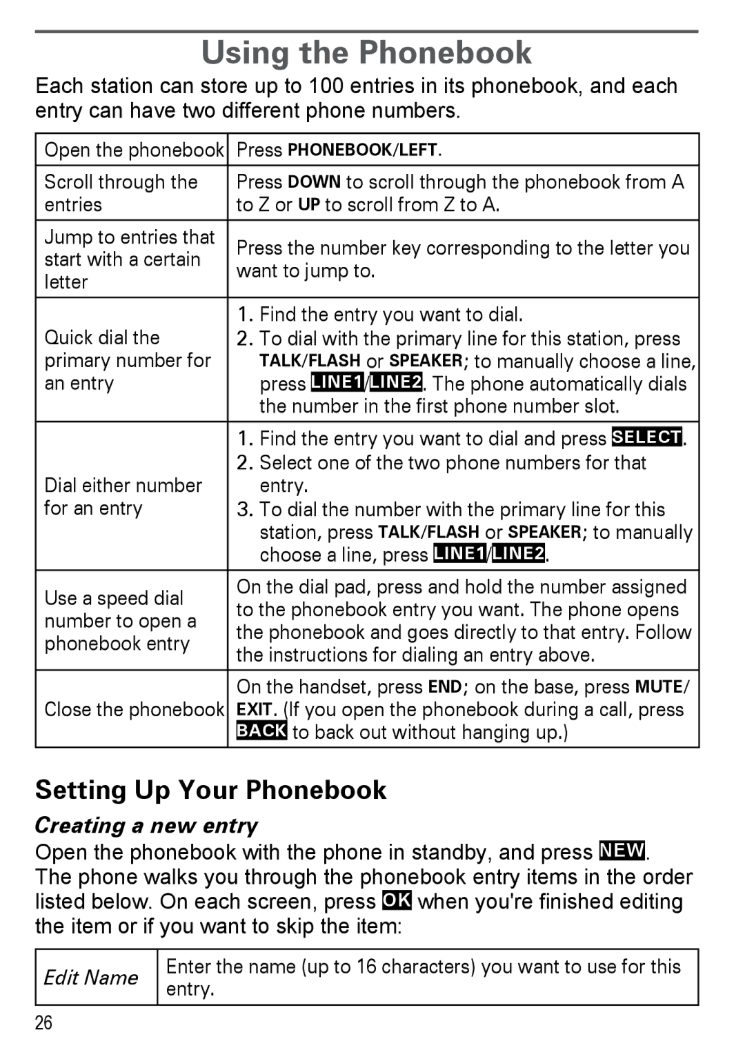 Uniden DECT4086-5, DECT4086-2, DECT4086-4 Using the Phonebook, Setting Up Your Phonebook, Creating a new entry, Edit Name 