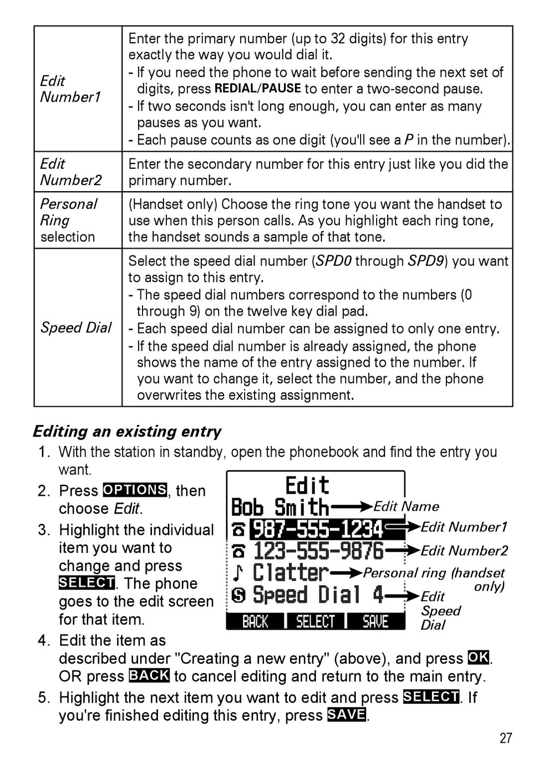 Uniden DECT4086-6, DECT4086-2, DECT4086-4, DECT4086-3, DECT4086-5 manual Editing an existing entry 