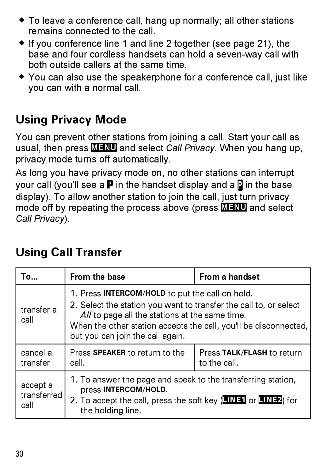 Uniden DECT4086-3, DECT4086-2, DECT4086-4, DECT4086-5 Using Privacy Mode, Using Call Transfer, From the base From a handset 