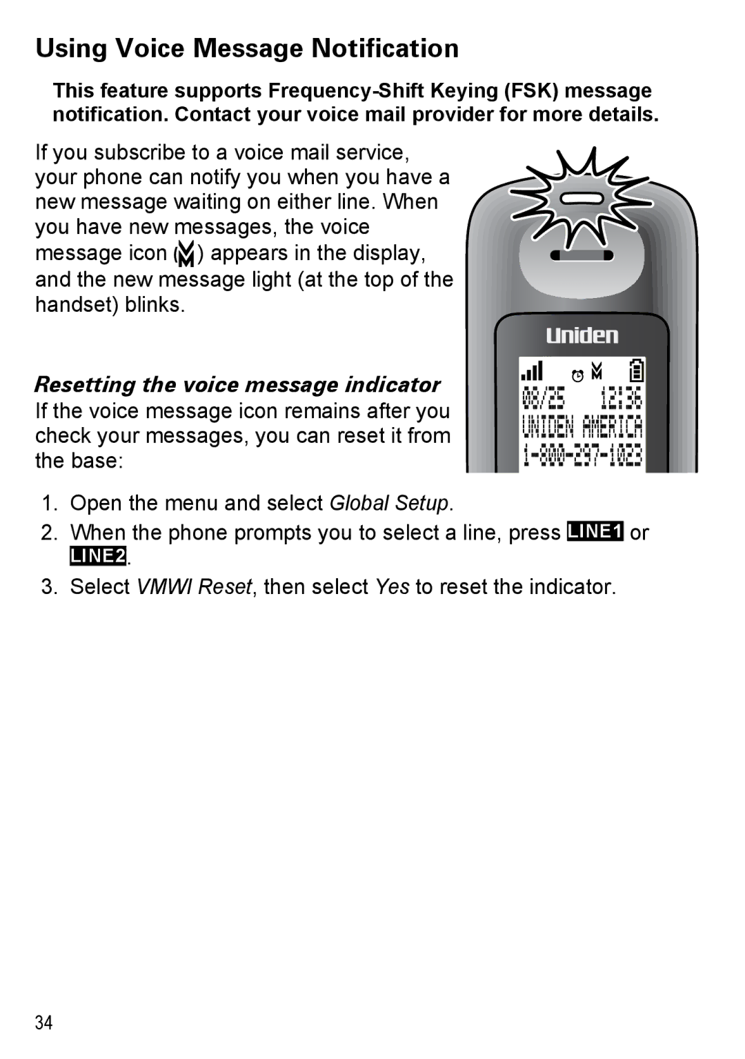 Uniden DECT4086-2, DECT4086-4, DECT4086-3 manual Using Voice Message Notification, Resetting the voice message indicator 