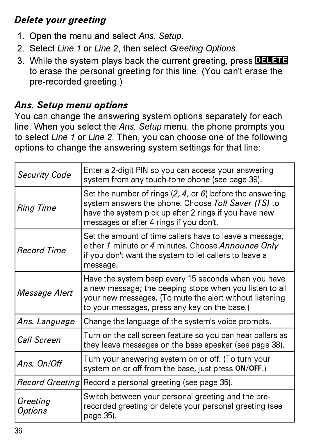 Uniden DECT4086-3 Delete your greeting, Ans. Setup menu options, Your new messages. To mute the alert without listening 