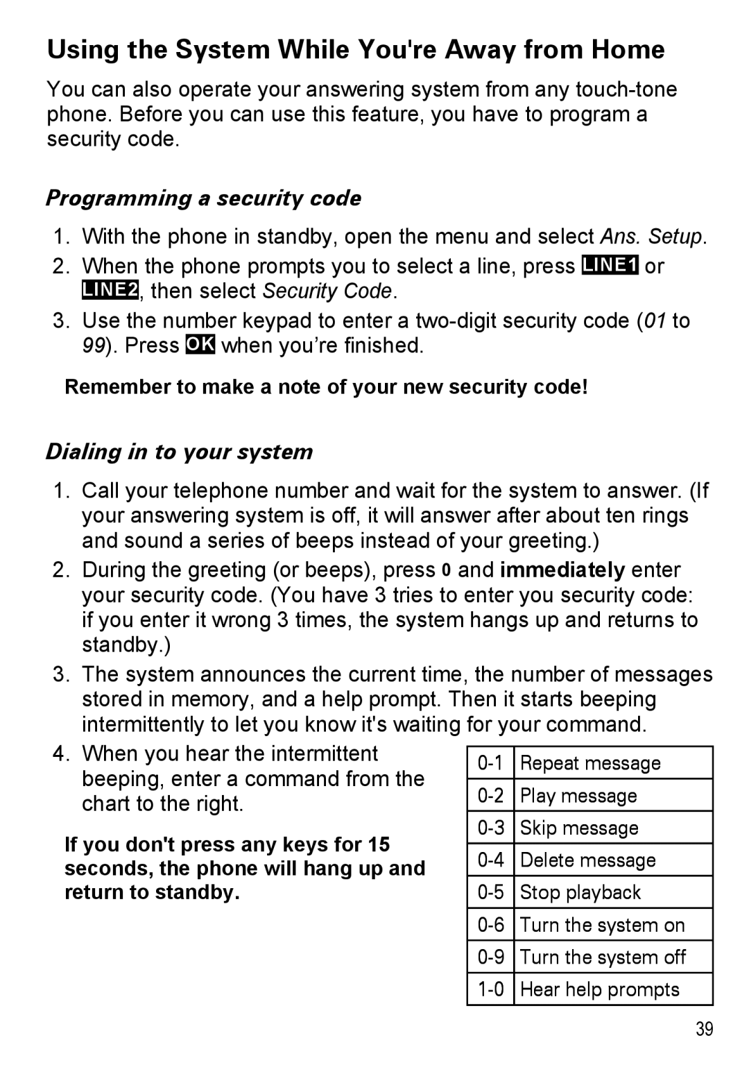 Uniden DECT4086-6 Using the System While Youre Away from Home, Programming a security code, Dialing in to your system 