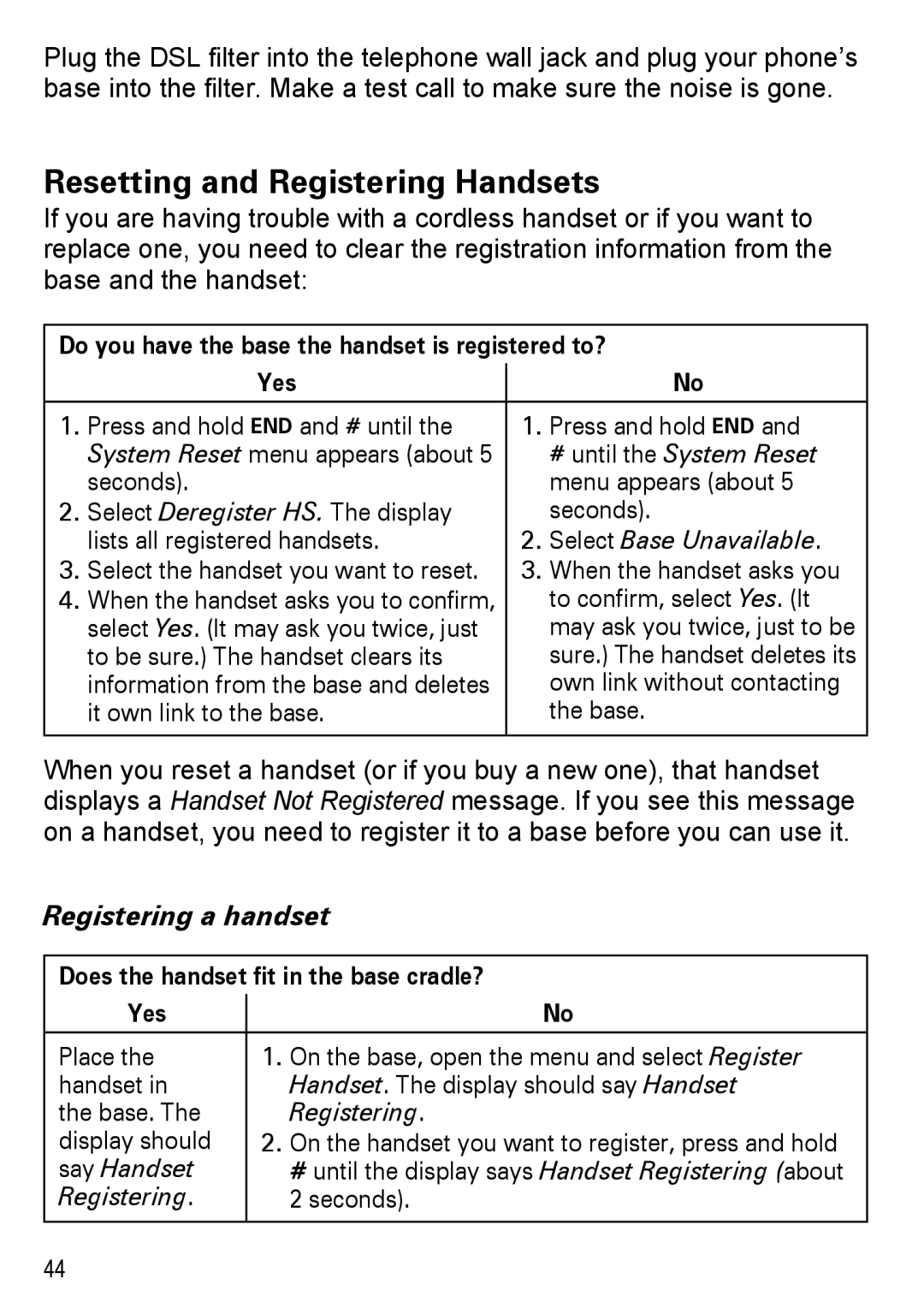 Uniden DECT4086-5 Resetting and Registering Handsets, Registering a handset, Does the handset fit in the base cradle? Yes 