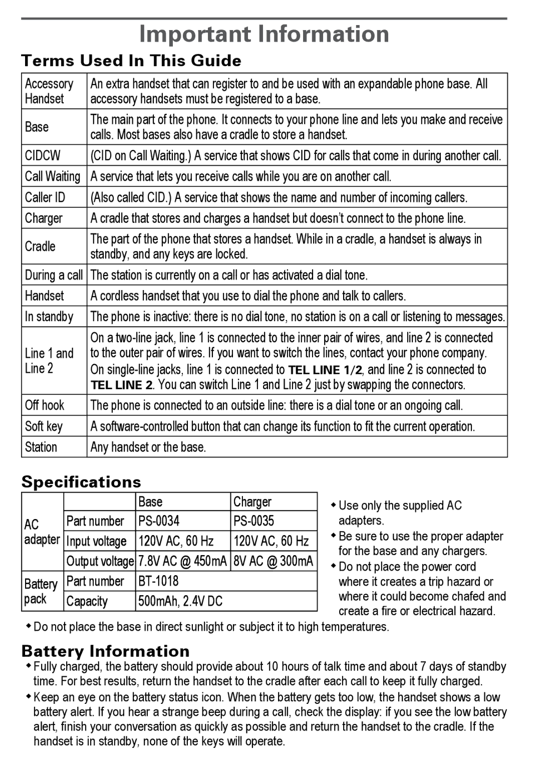 Uniden DECT4086-2, DECT4086-4 Important Information, Base Charger, PS-0034 PS-0035, 120V AC, 60 Hz, BT-1018 Pack Capacity 