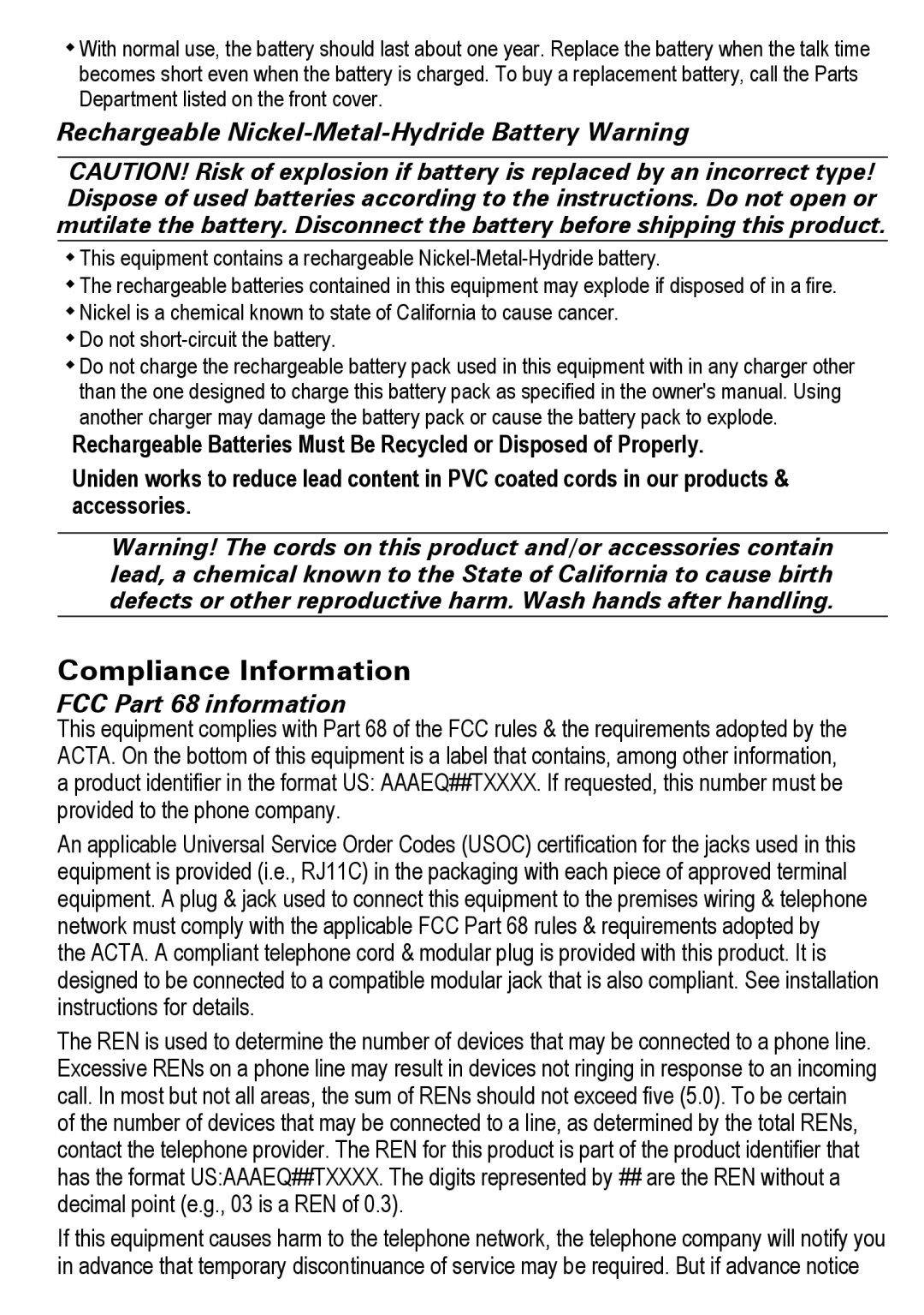 Uniden DECT4086-4, DECT4086-2, DECT4086-3, DECT4086-5, DECT4086-6 manual Compliance Information 