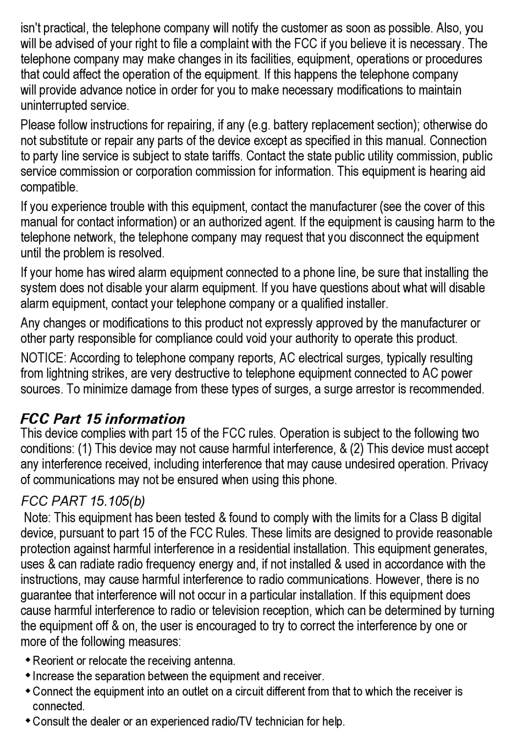 Uniden DECT4086-3, DECT4086-2, DECT4086-4, DECT4086-5, DECT4086-6 manual FCC Part 15 information, FCC Part 15.105b 