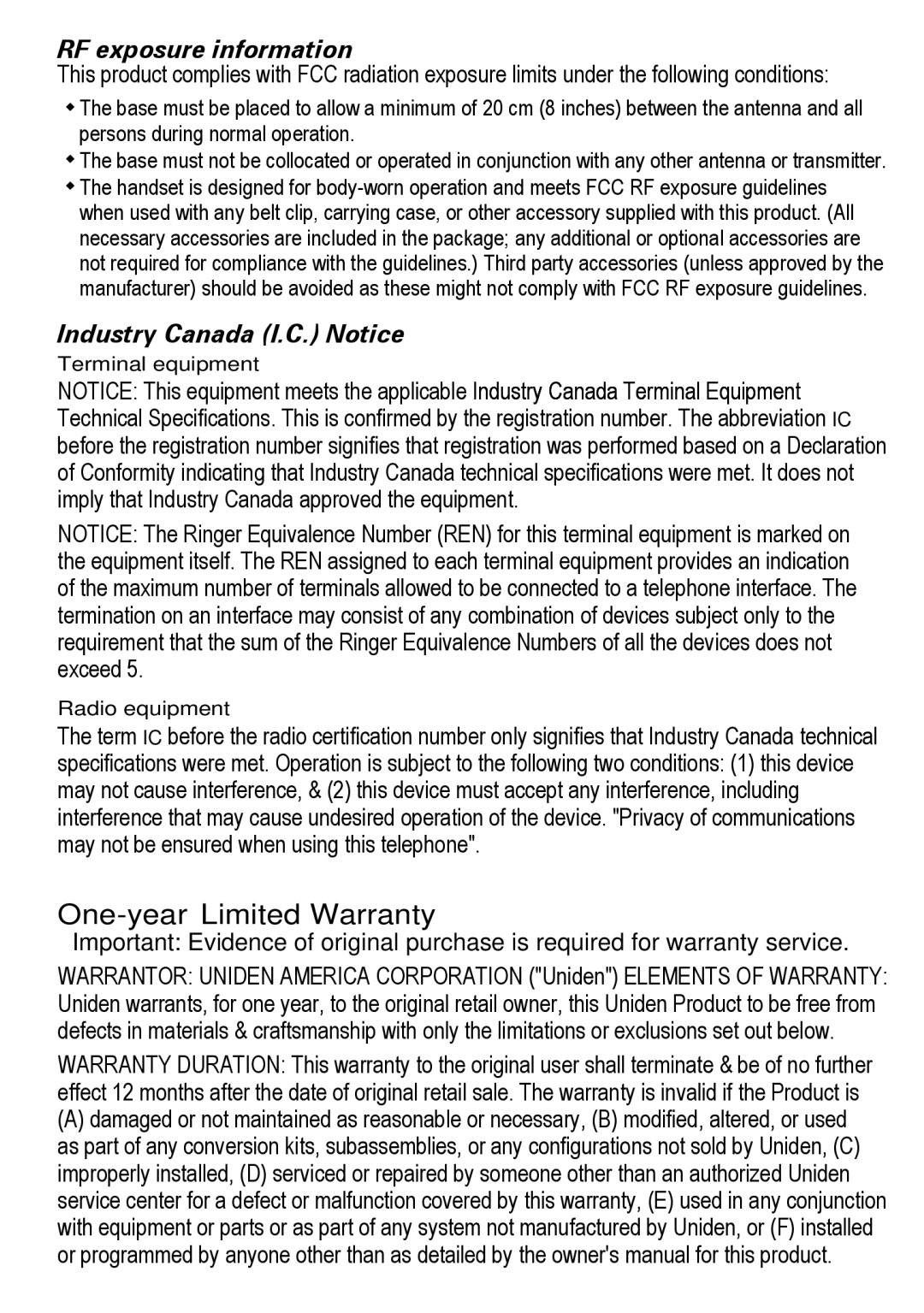 Uniden DECT4086-2, DECT4086-4, DECT4086-3, DECT4086-5 manual RF exposure information, Terminal equipment Radio equipment 