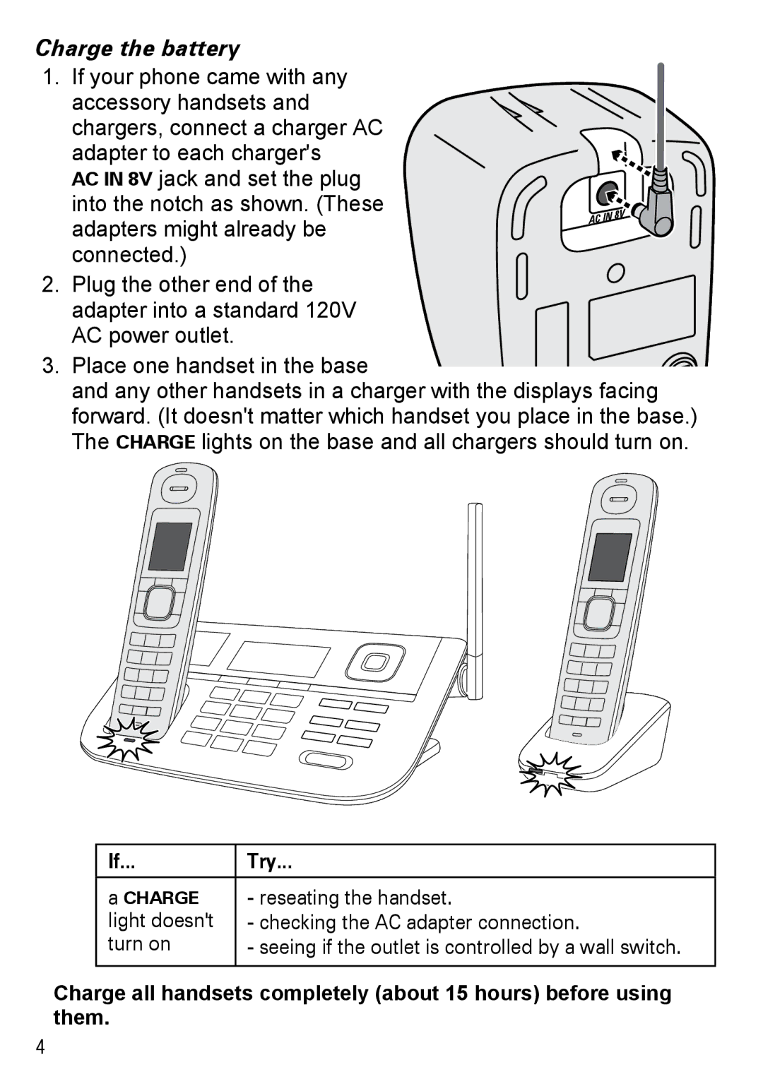 Uniden DECT4086-2, DECT4086-4, DECT4086-3, DECT4086-5, DECT4086-6 manual Charge the battery, Try 