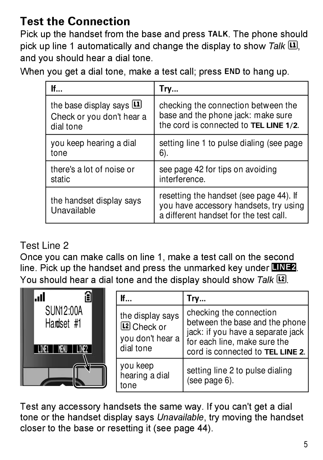Uniden DECT4086-4, DECT4086-2, DECT4086-3, DECT4086-5, DECT4086-6 manual Test the Connection, Test Line, Unavailable, Check or 