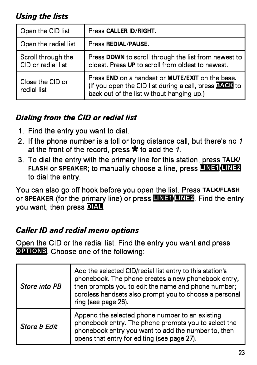 Uniden DECT4086-4, DECT4086-2 manual Using the lists, Dialing from the CID or redial list, Caller ID and redial menu options 