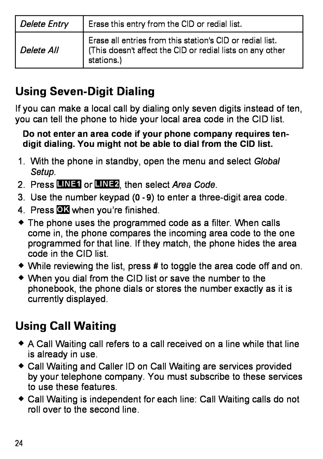 Uniden DECT4086-3, DECT4086-2, DECT4086-4, DECT4086-5, DECT4086-6 manual Using Seven-Digit Dialing, Using Call Waiting 