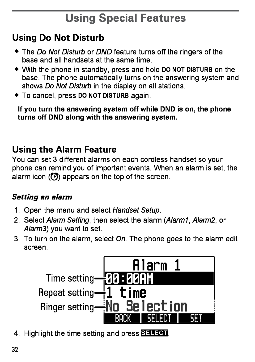 Uniden DECT4086-5 time, Using Special Features, Using Do Not Disturb, Using the Alarm Feature, Repeat setting, 0000AM 