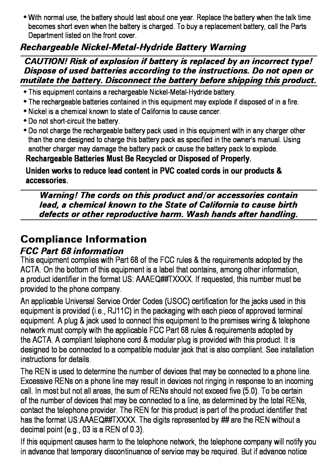 Uniden DECT4086-4 manual Compliance Information, Rechargeable Nickel-Metal-Hydride Battery Warning, FCC Part 68 information 