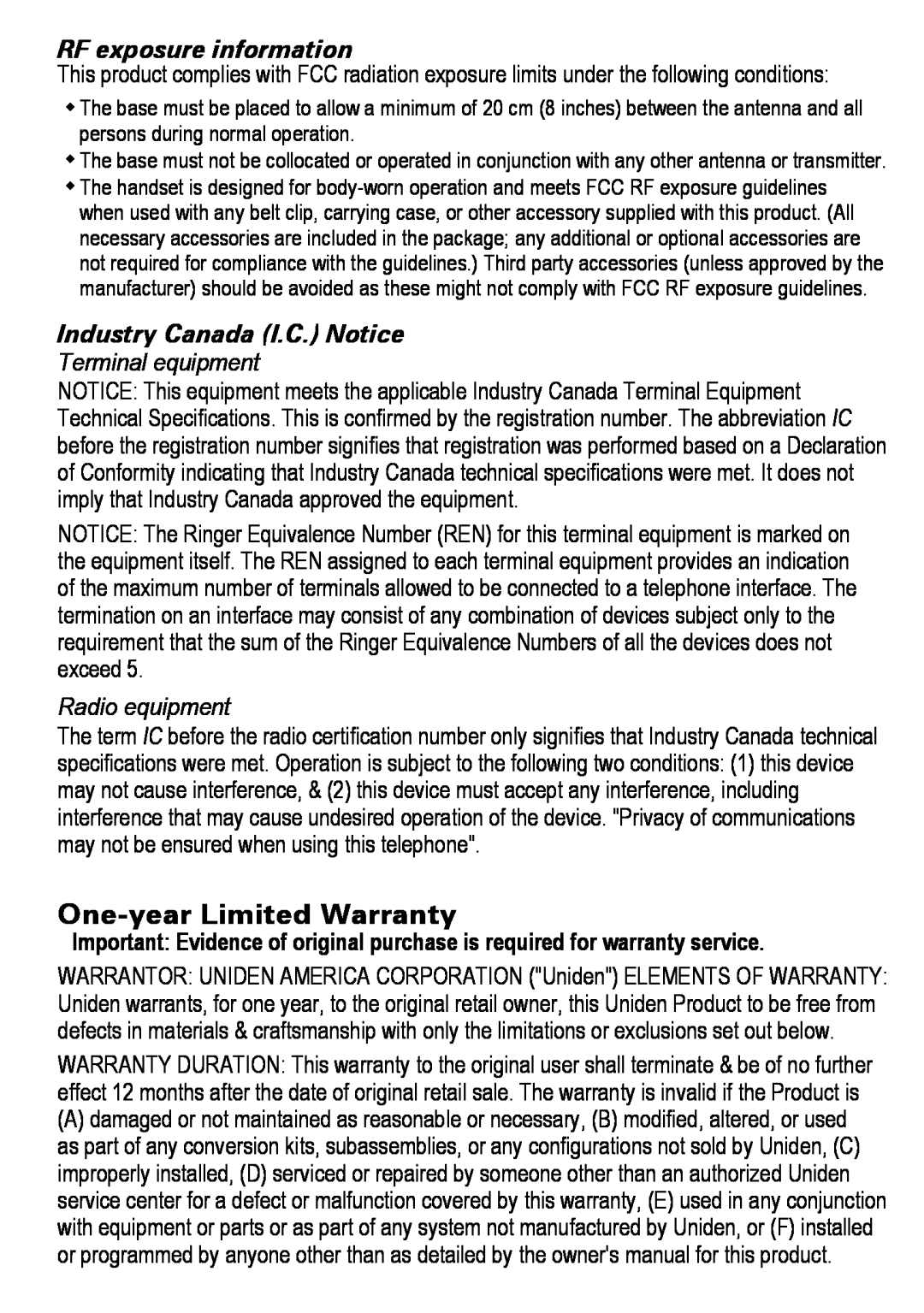 Uniden DECT4086-2, DECT4086-4 manual One-year Limited Warranty, RF exposure information, Industry Canada I.C. Notice 