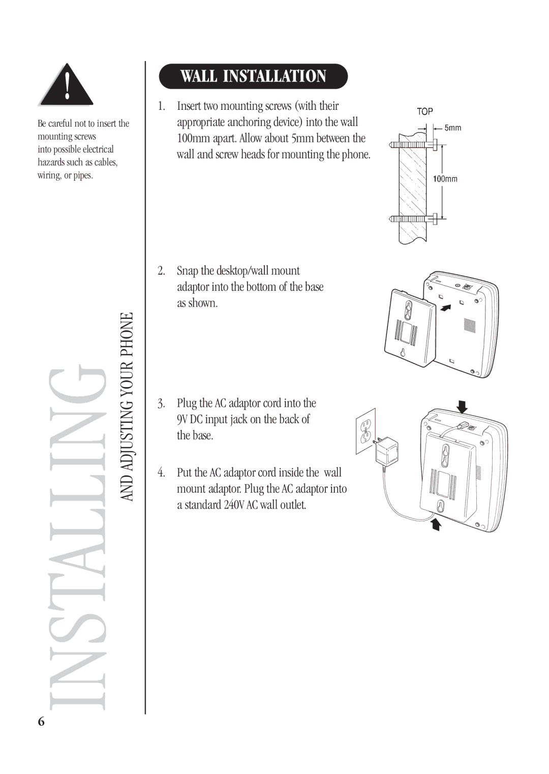 Uniden DG72 quick start Installing, Wall Installation, Base 