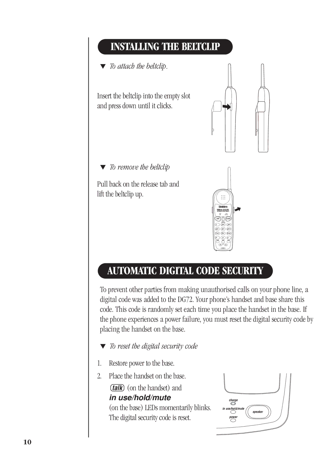 Uniden DG72 Installing the Beltclip, Automatic Digital Code Security, To attach the beltclip, To remove the beltclip 