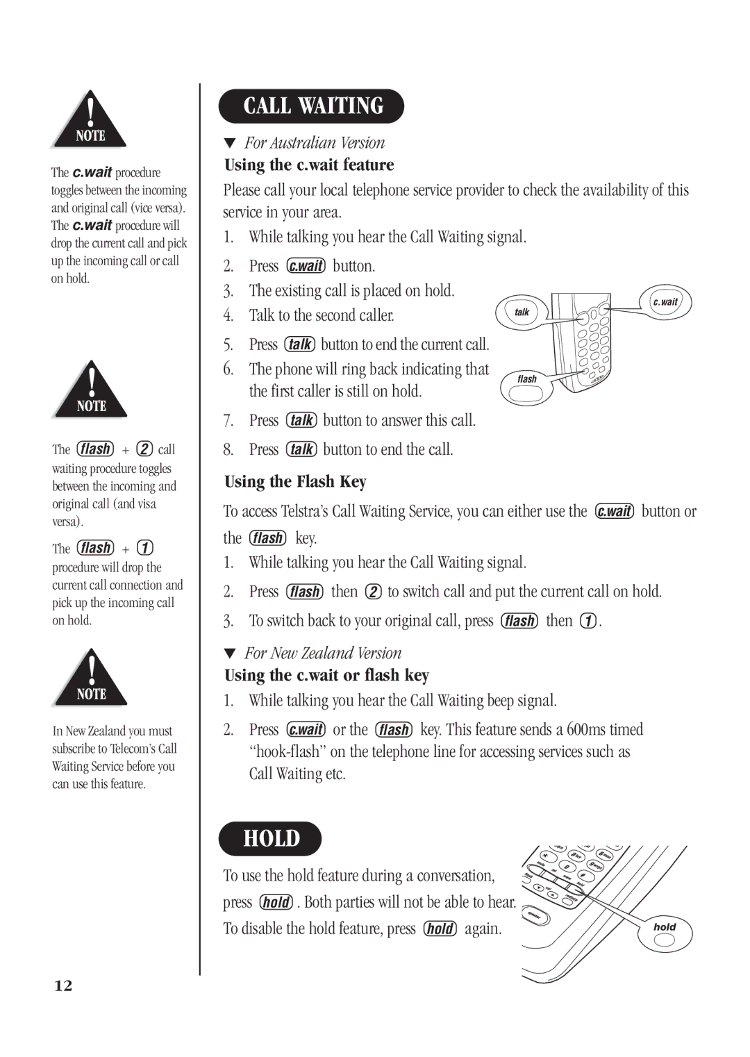 Uniden DG72 quick start Call Waiting, Hold, Using the c.wait feature, Using the Flash Key, Using the c.wait or flash key 