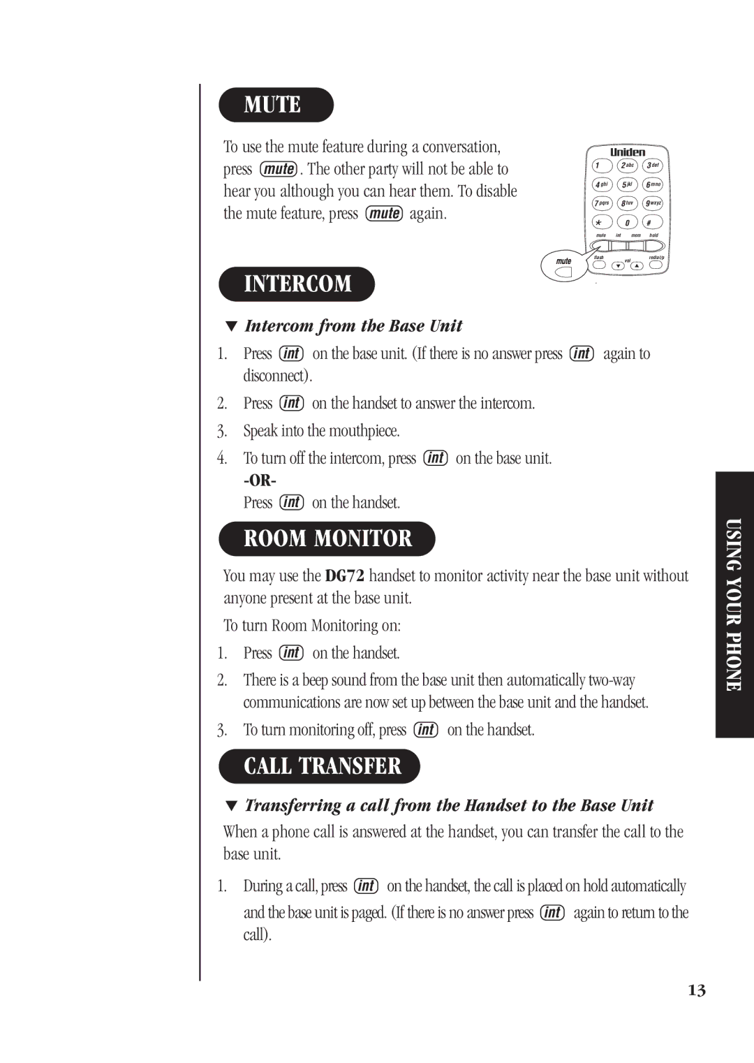 Uniden DG72 quick start Mute, Intercom, Room Monitor, Call Transfer 