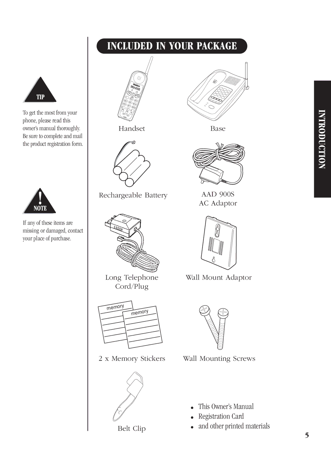 Uniden DG72 Included in Your Package, Introduction, Registration Card, Memory Stickers Wall Mounting Screws, Belt Clip 