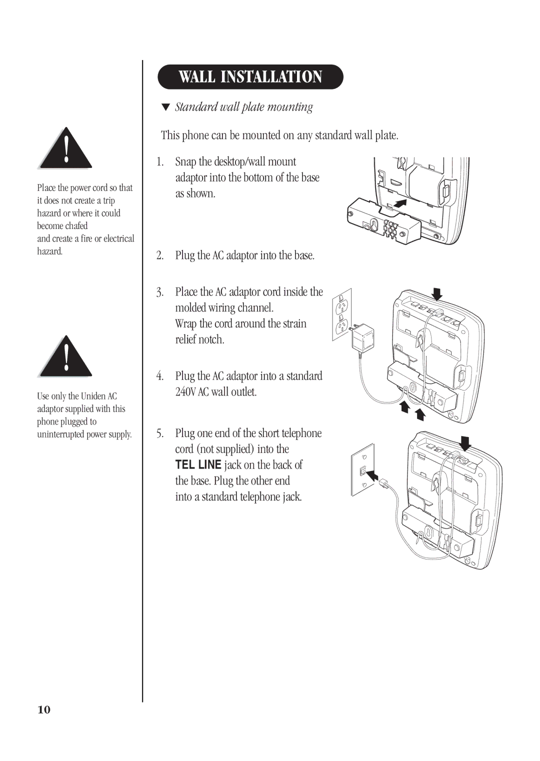 Uniden DGA940 manual Wall Installation, Standard wall plate mounting 