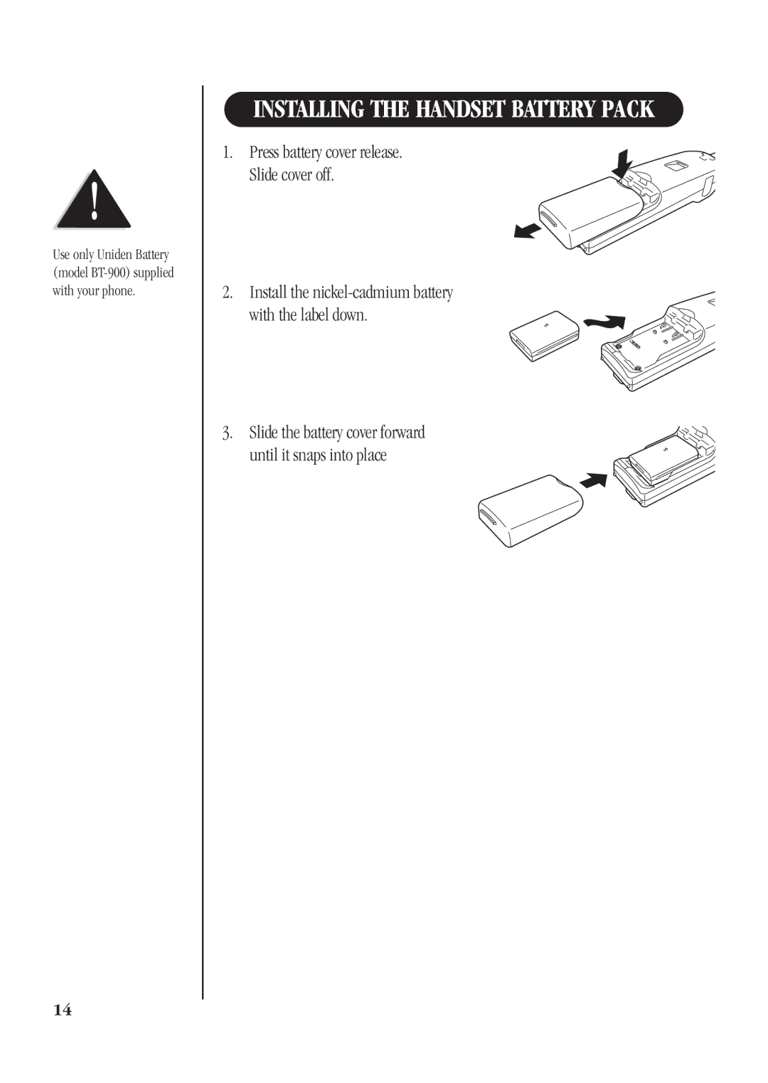 Uniden DGA940 manual Installing the Handset Battery Pack 