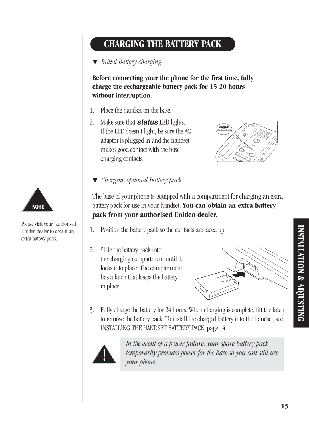 Uniden DGA940 manual Charging the Battery Pack, Initial battery charging, Charging optional battery pack 