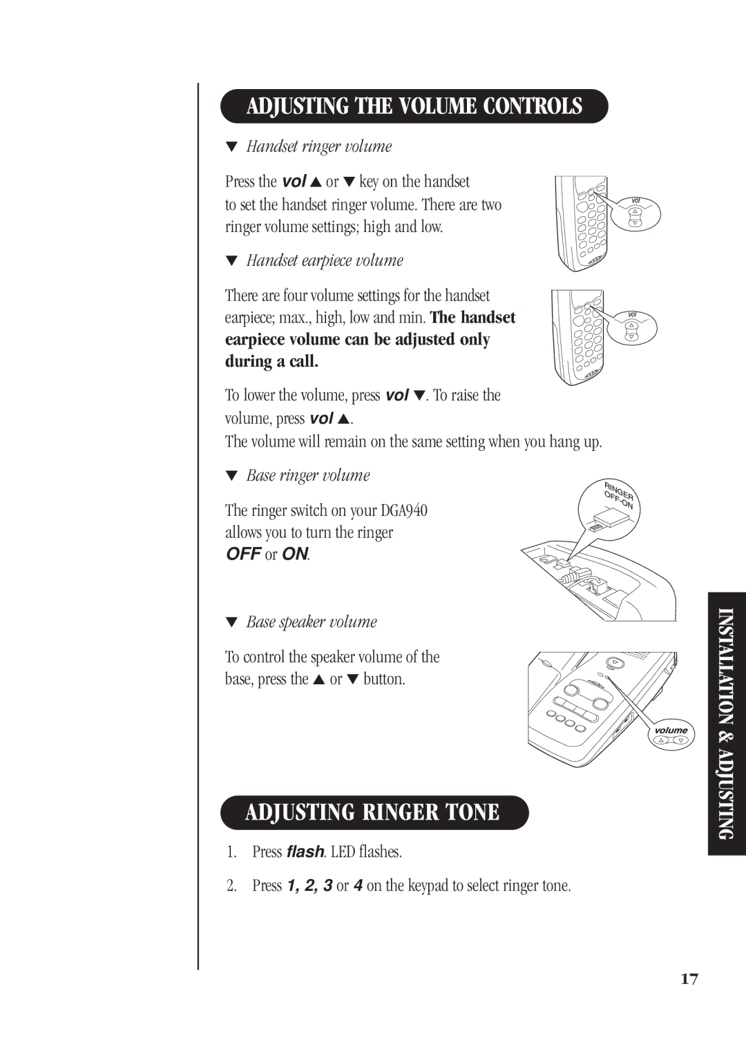 Uniden DGA940 manual Adjusting Ringer Tone, Handset ringer volume, Handset earpiece volume, Base ringer volume 