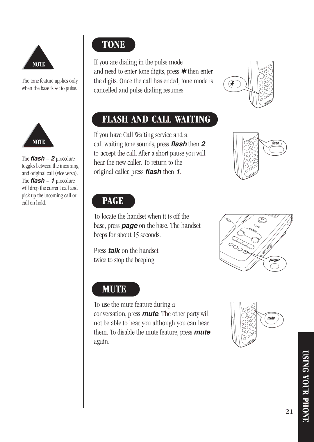 Uniden DGA940 manual Tone, Flash and Call Waiting, Mute, If you are dialing in the pulse mode 