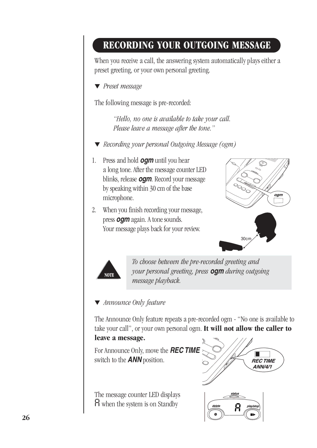 Uniden DGA940 manual Preset message, Following message is pre-recorded, Press and hold ogm until you hear 