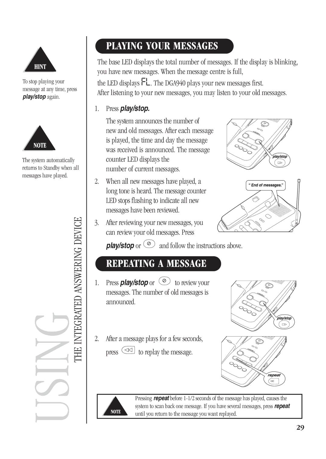 Uniden DGA940 manual Playing Your Messages, Repeating a Message 