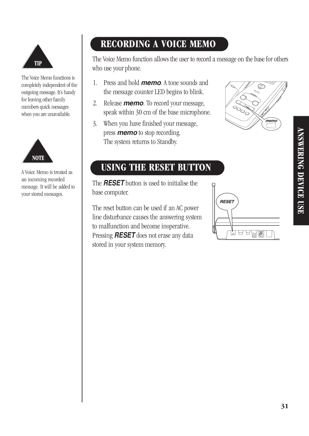 Uniden DGA940 manual Recording a Voice Memo, Using the Reset Button, System returns to Standby 