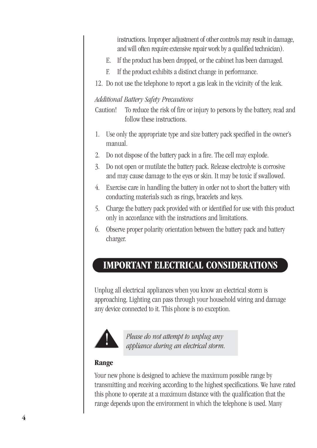 Uniden DGA940 manual Important Electrical Considerations, Additional Battery Safety Precautions 