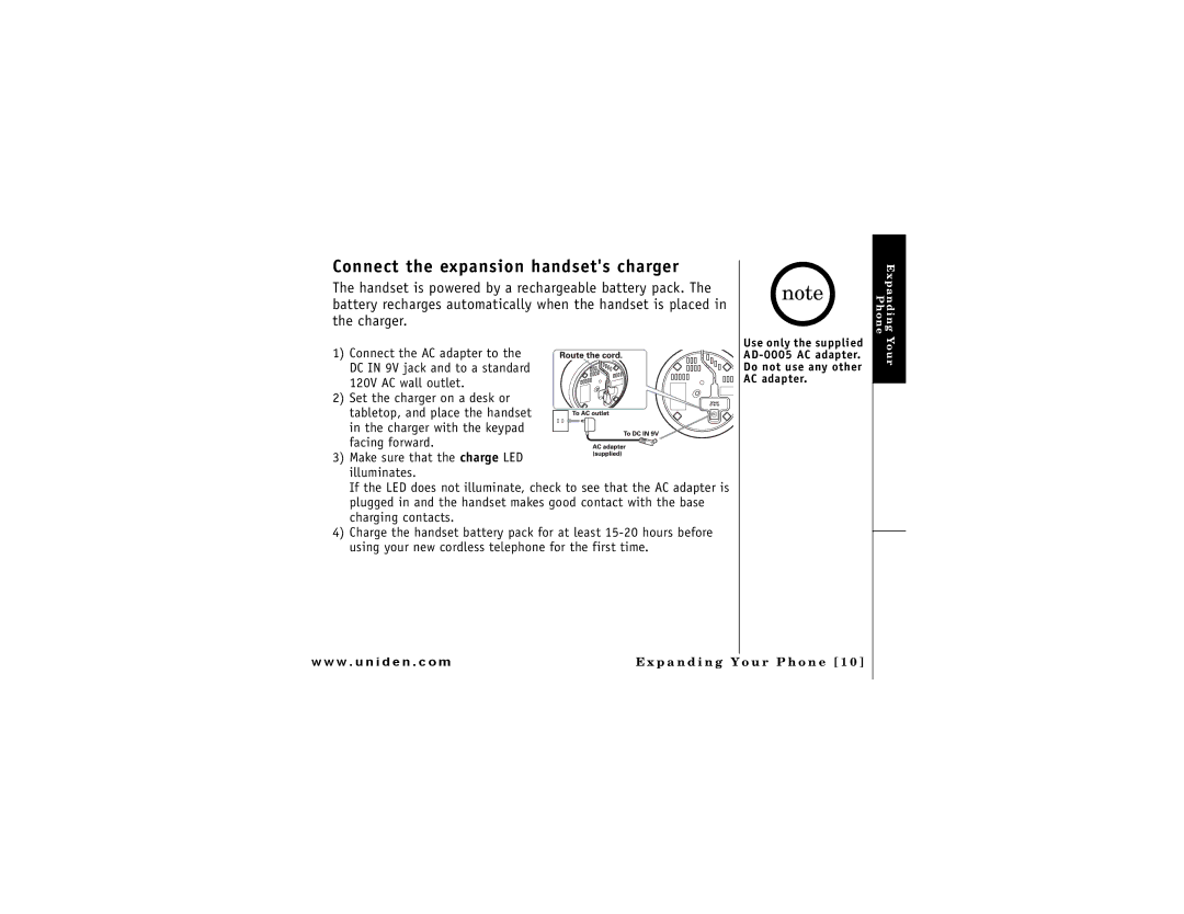 Uniden DMX 776 owner manual Connect the expansion handsets charger 