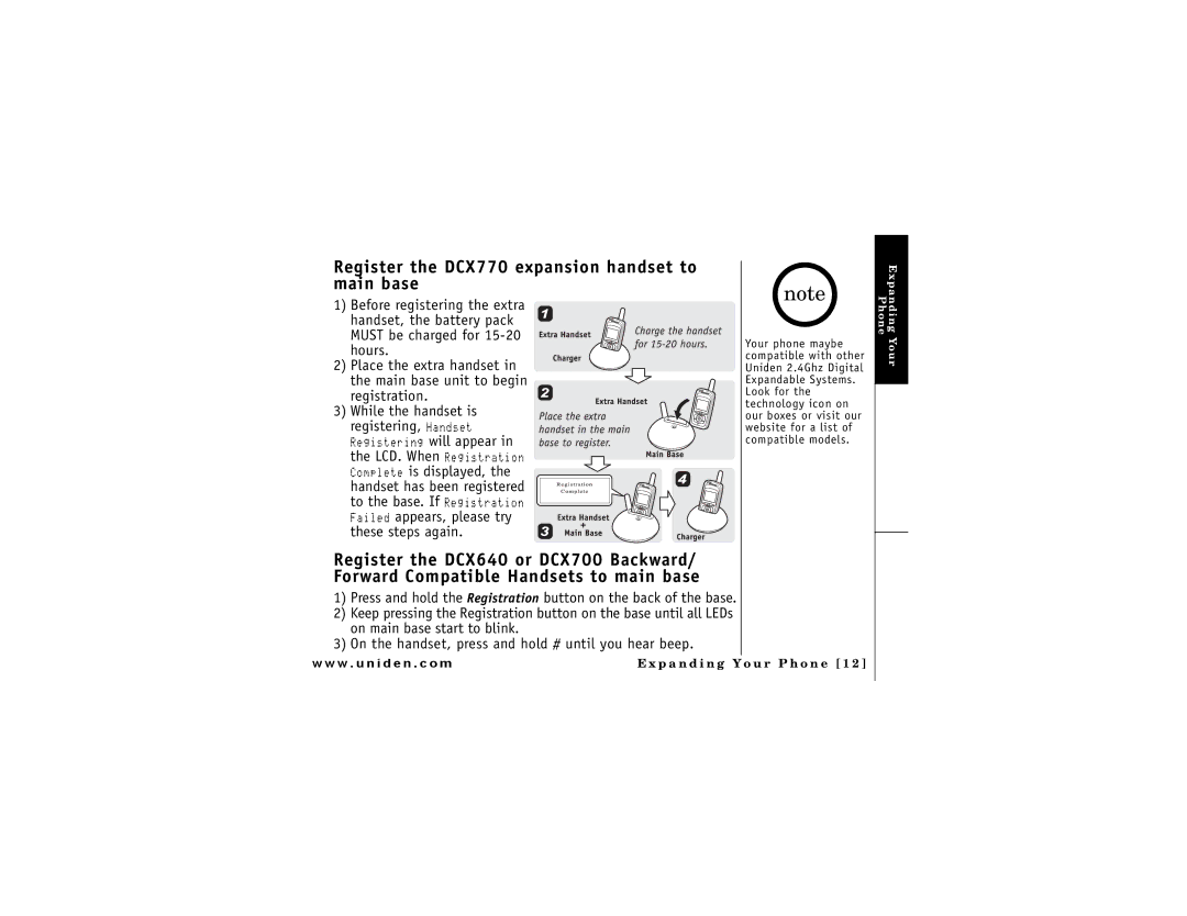 Uniden DMX 776 owner manual Register the DCX770 expansion handset to main base 