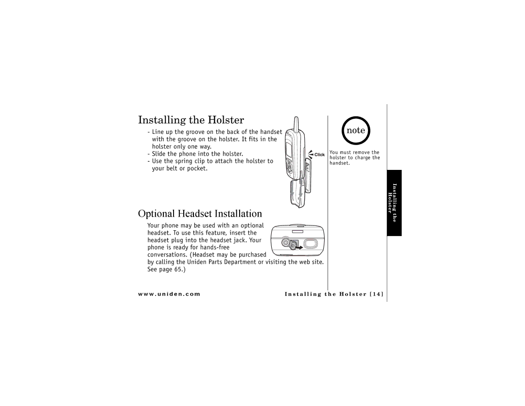 Uniden DMX 776 owner manual Installing the Holster, Optional Headset Installation 