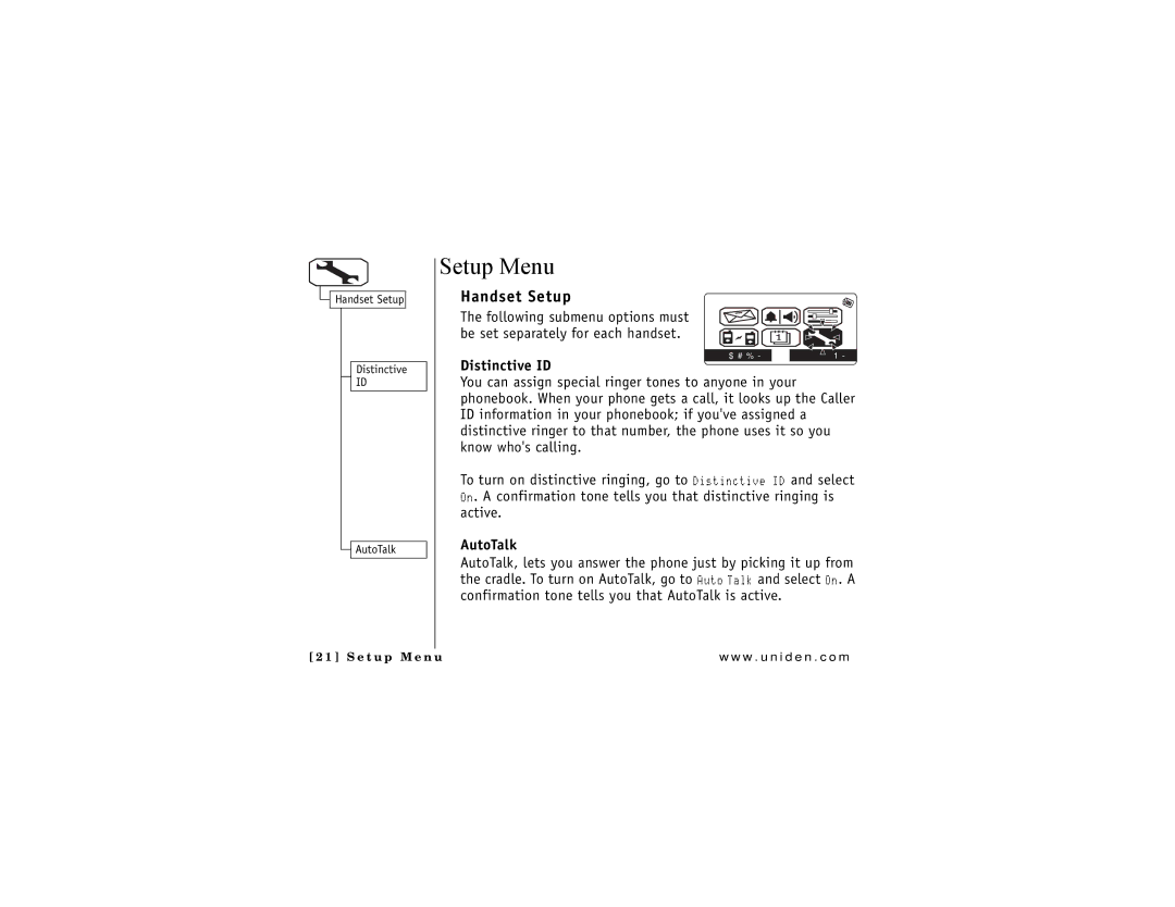 Uniden DMX 776 owner manual Setup Menu, Handset Setup, Distinctive ID, AutoTalk 