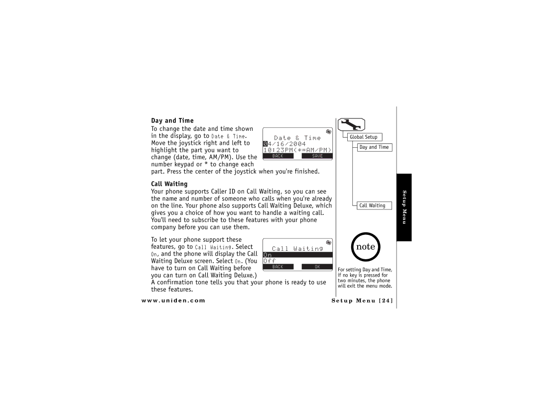 Uniden DMX 776 owner manual Day and Time, Call Waiting 