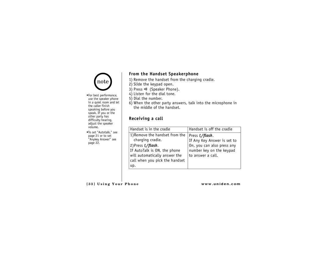 Uniden DMX 776 owner manual From the Handset Speakerphone, Receiving a call 