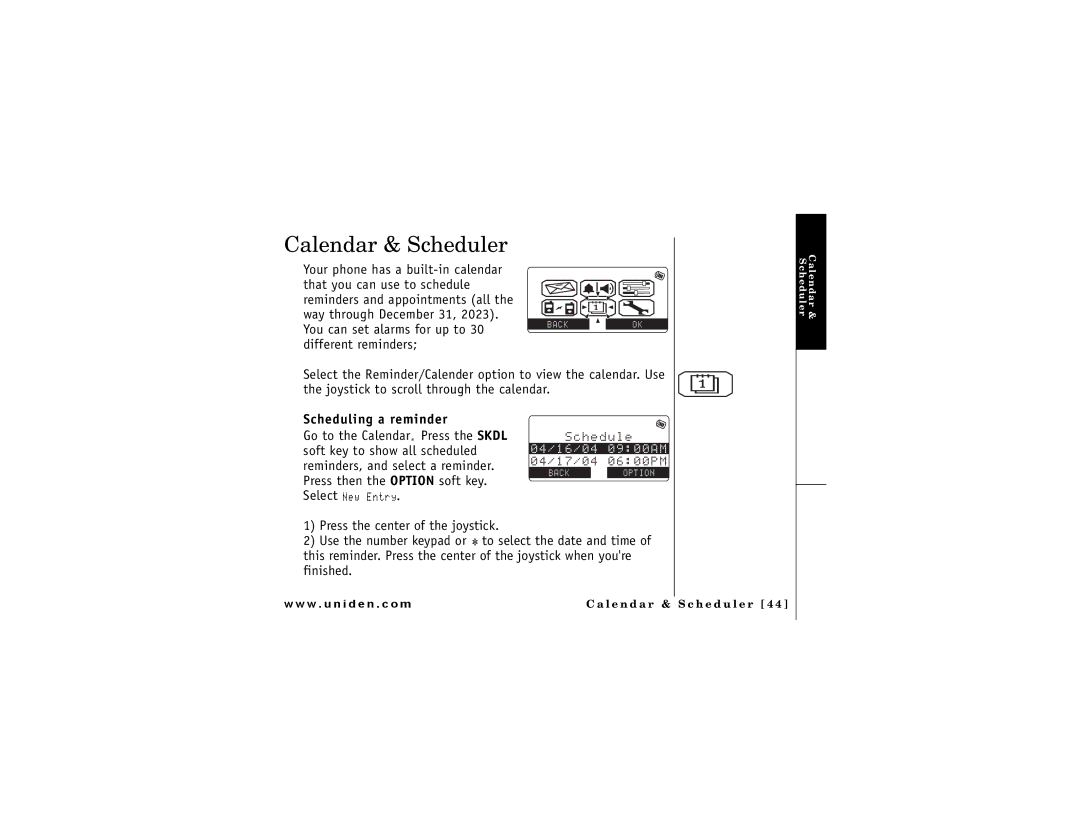 Uniden DMX 776 owner manual Calendar & Scheduler, Scheduling a reminder 