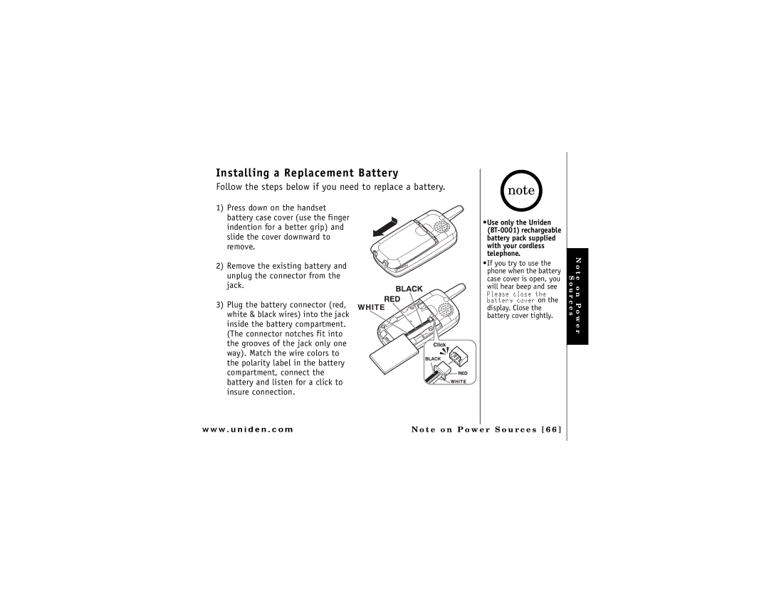 Uniden DMX 776 owner manual Installing a Replacement Battery 