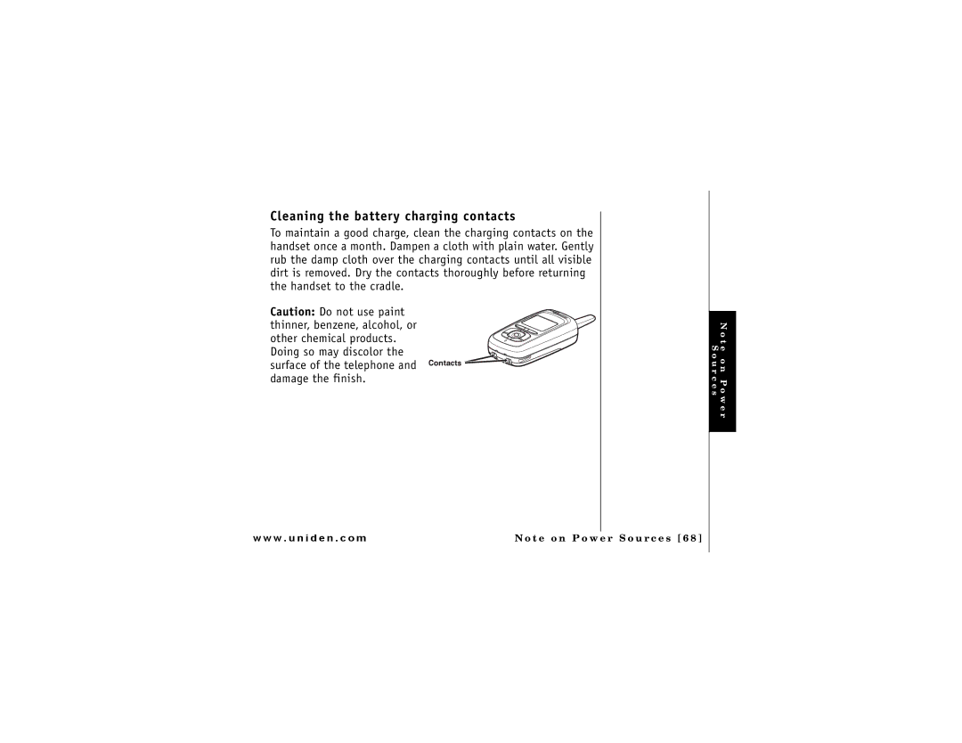 Uniden DMX 776 owner manual Cleaning the battery charging contacts 