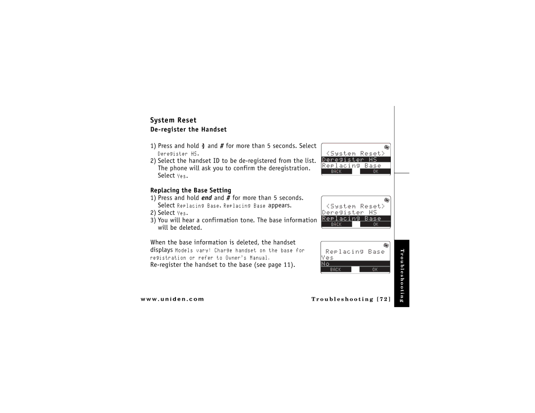 Uniden DMX 776 owner manual System Reset, De-register the Handset, Replacing the Base Setting 