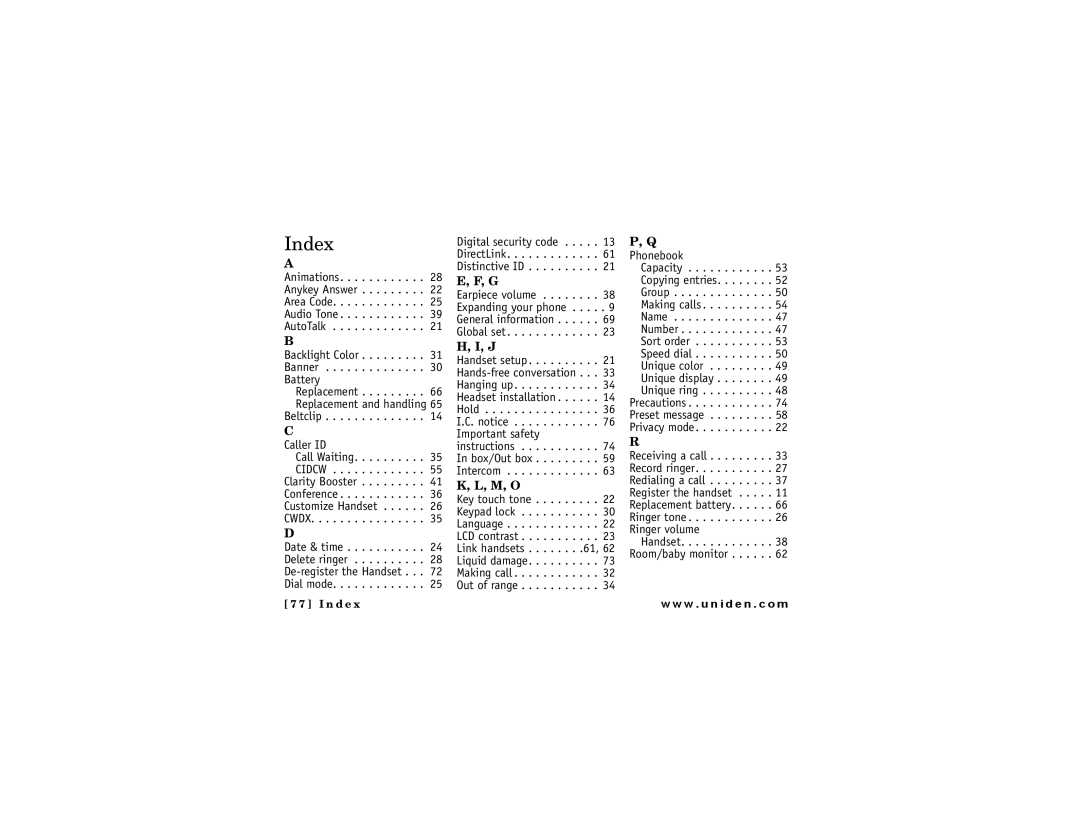 Uniden DMX 776 owner manual Index 